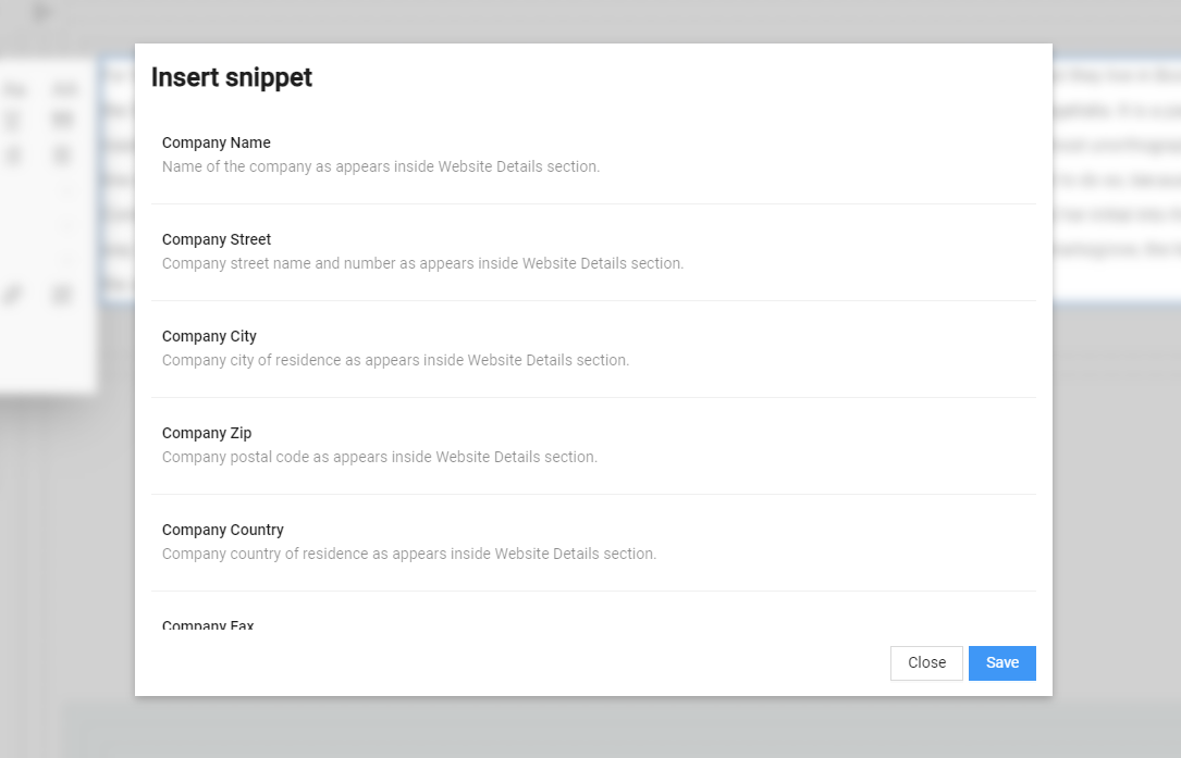 Snippets list